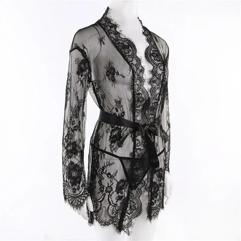 Babydoll Transparente con Cuello en V, Tanga de Encaje para Mujer