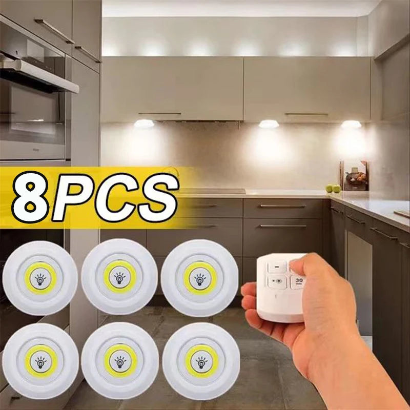 Luz LED regulable para debajo del gabinete con Control remoto, luces LED para armarios con pilas, iluminación para armario, baño, luz nocturna