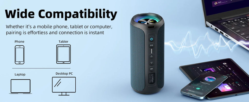 Altavoces Bluetooth Ortizan, altavoz estéreo inalámbrico portátil - IPX7 resistente al agua, sonido fuerte, graves profundos, luz LED, Bluetooth 5.3