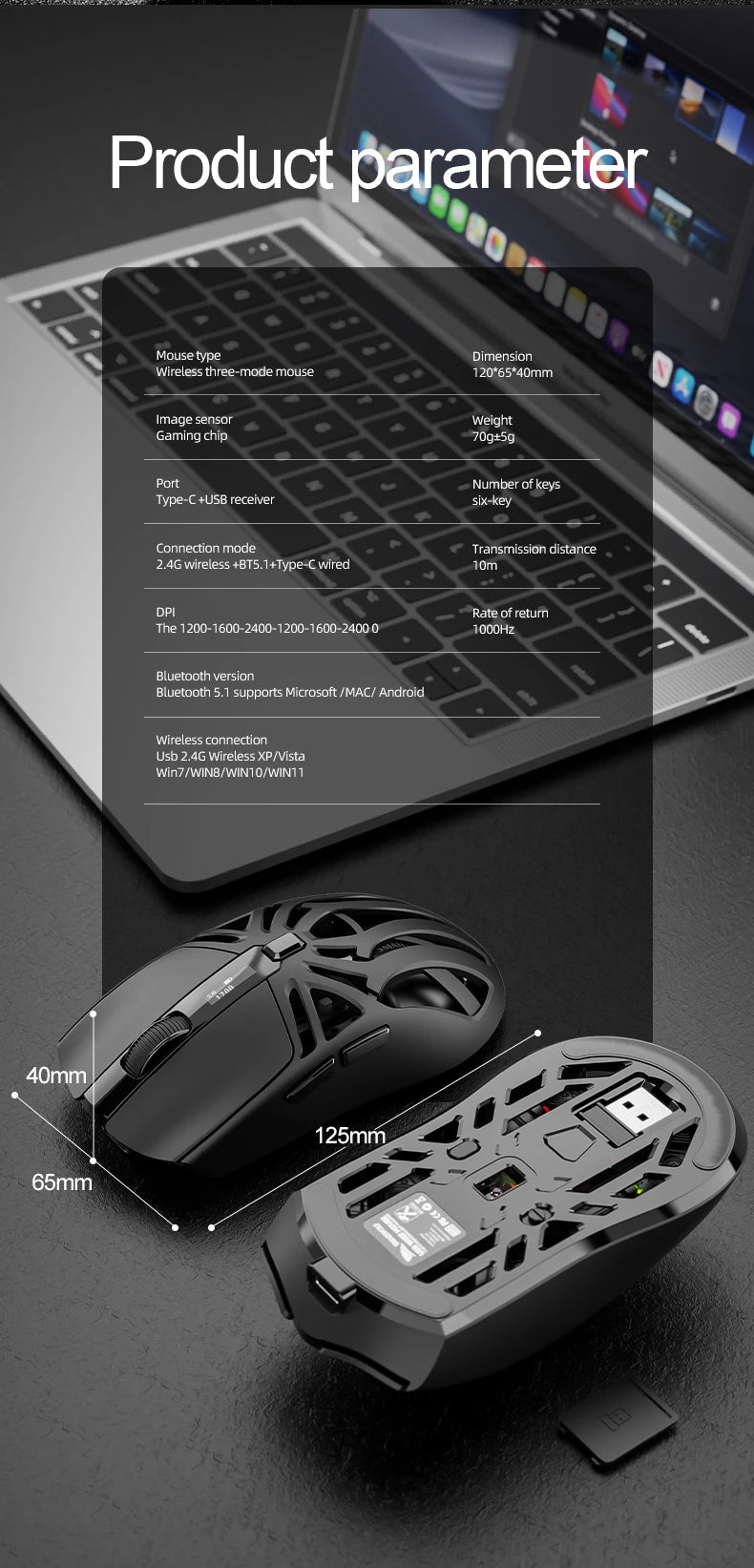 SmailWolf RS8 Bluetooth inalámbrico 2,4g ratón para juegos triple modo ligero e-sports gaming 1K tasa de retorno 10000DPI ordenador
