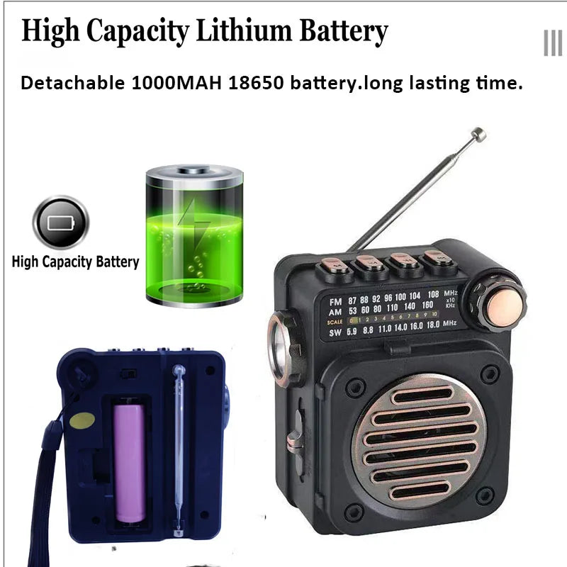 Radio portátil FM/AM/SW con Bluetooth y linterna LED