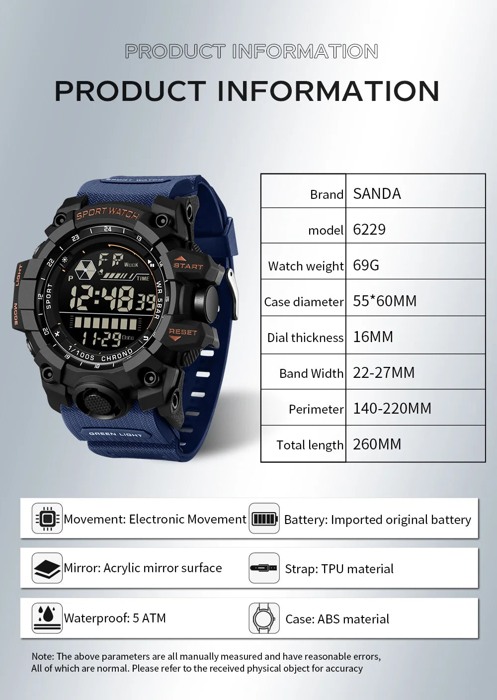 Reloj Digital LED Deportivo SANDA para Hombre, Estilo Militar, Resistente al Agua