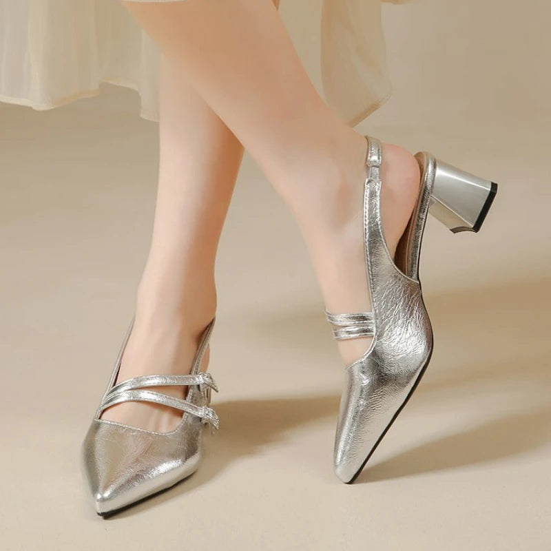 Zapatos de Tacón Ancho con Punta en Pico y Tira Trasera para Mujer, Estilo Francés Chic, Minimalistas, para Oficina, Vestir, Sandalias Casuales con Hebilla para Fiesta