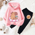 Capibara bebida té de burbujas divertido estampado niñas conjunto de moda niños otoño e invierno casual cómodo cálido Sudadera con capucha + pantalones conjunto de dos piezas