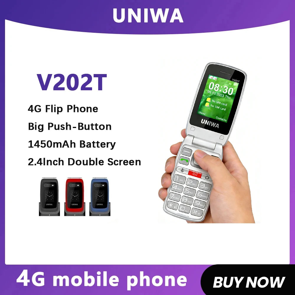 UNIWA V202T teléfono abatible pantalla Dual botón grande tarjetas SIM duales red 4G soporte para teléfono móvil base de carga para personas mayores