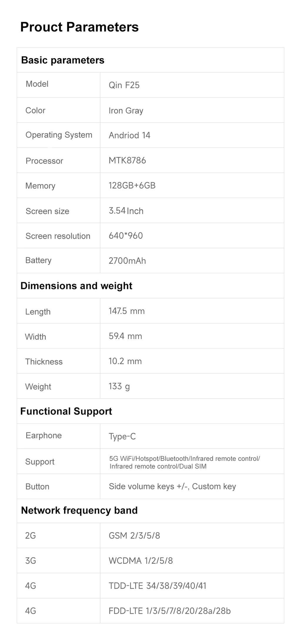 Nuevo teléfono inteligente Qin F25, Google Play, Android 14, tarjetas SIM duales, 6GB + 128GB, 2700mAh, WIFI Bluetooth, pantalla táctil de 3,54 pulgadas, MTK8786