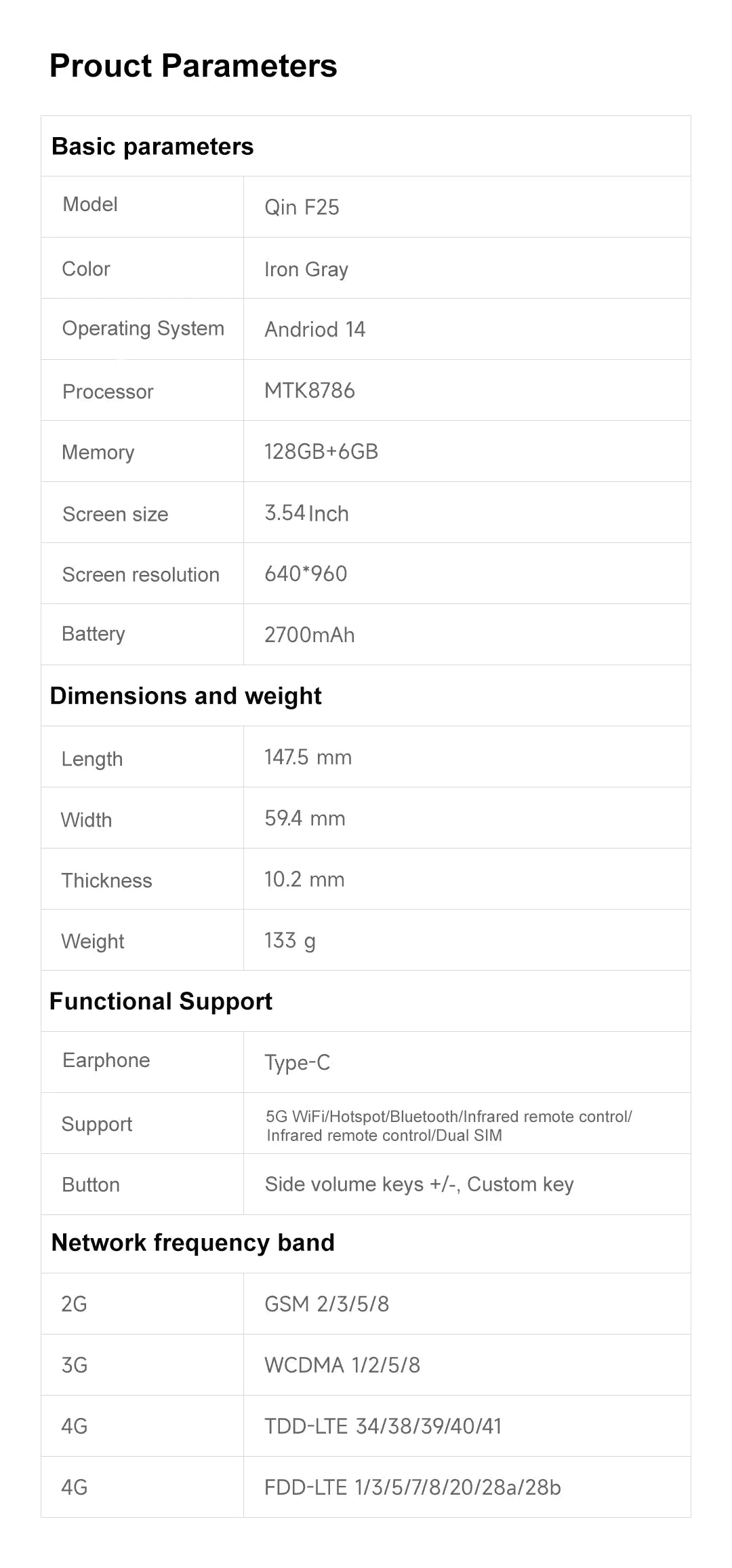 Nuevo teléfono inteligente Qin F25, Google Play, Android 14, tarjetas SIM duales, 6GB + 128GB, 2700mAh, WIFI Bluetooth, pantalla táctil de 3,54 pulgadas, MTK8786