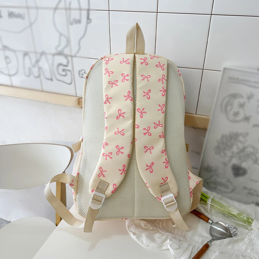 Mochila coreana con estampado de lazo para mujer, morral escolar ligero y sencillo para estudiante, conjunto de tres piezas