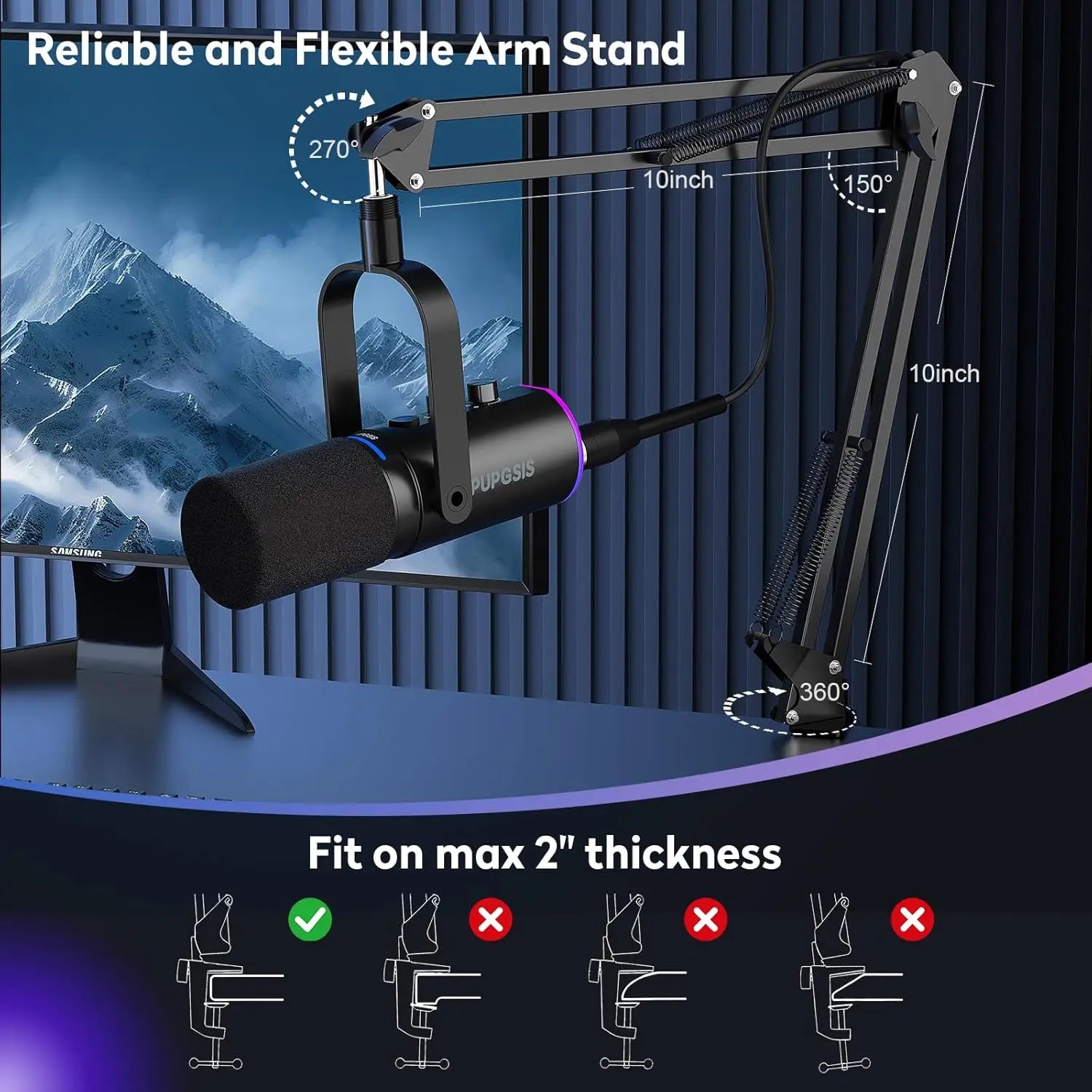 Kit de Micrófono para Juegos XLR/USB: Micrófono Dinámico para PC para Streaming y Podcasting, Botón de Silencio, Efectos de Reverberación, Micrófono RGB para Computadora con Brazo