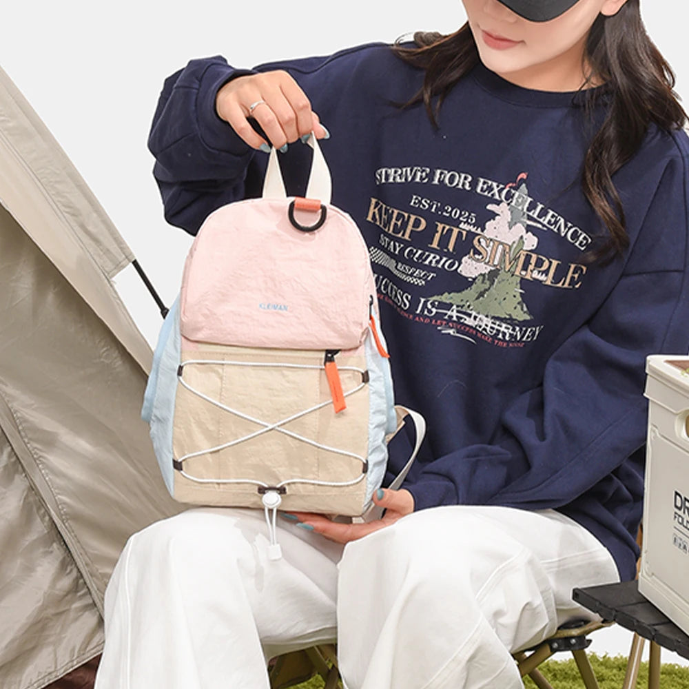 Mini Mochila de Nailon con Bloques de Color, Mochila Ligera con Cordón Elástico, Bolsa Resistente para Senderismo y Uso Diario