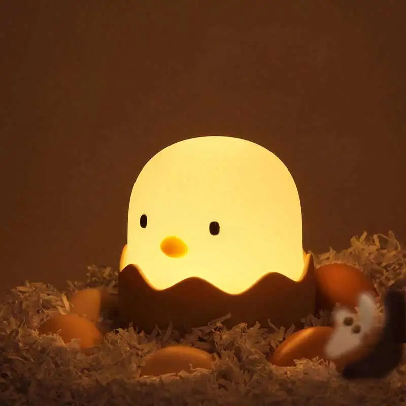 Luz nocturna de pollo de cáscara de huevo, luz LED de dibujos animados para dormitorio, luz ajustable táctil, luz cálida recargable, luz de ambiente