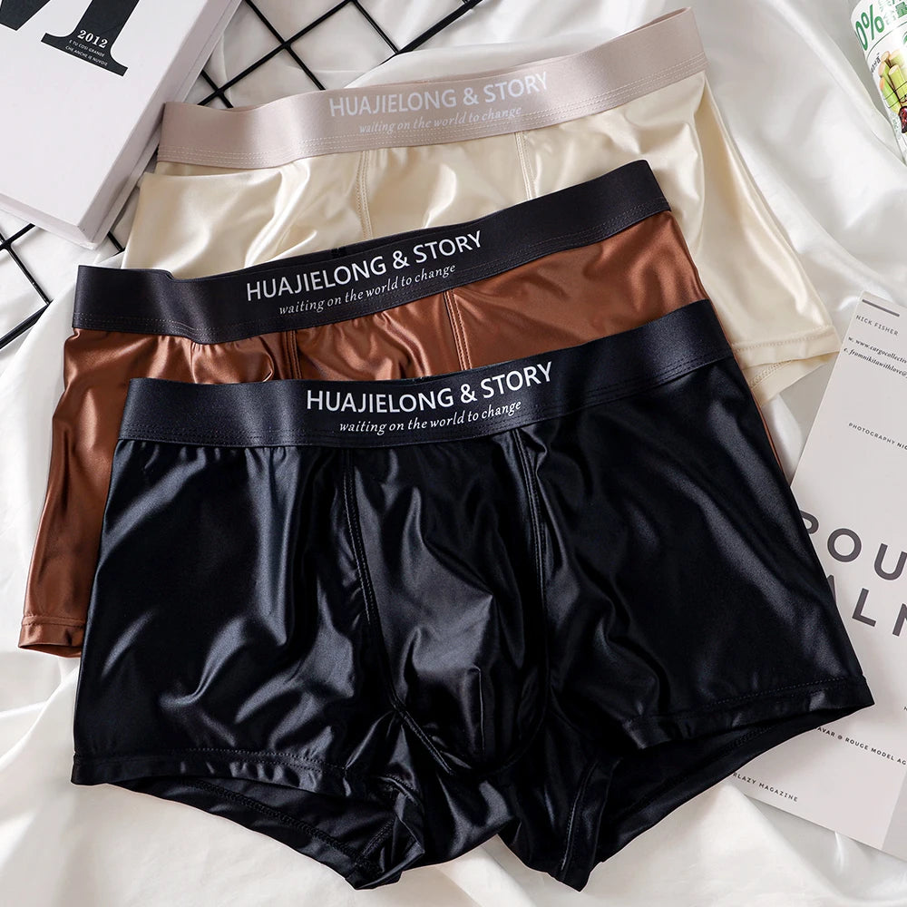 3 unids/pack de Boxers de lujo de seda de hielo tipo satén, calzoncillos de verano lisos y lisos para hombre, bragas con entrepierna de malla transpirable, ropa interior