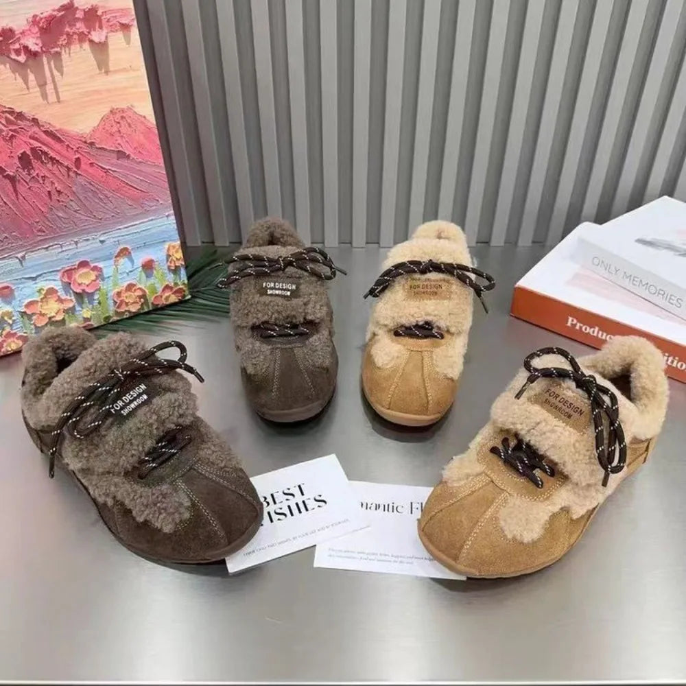 Zapatos planos informales para mujer, zapatillas de deporte Fad Soprt, invierno, mantienen el calor, algodón de felpa, tendencia de diseñador con cordones, 2025