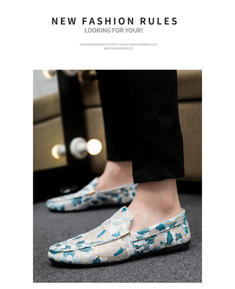 Zapatos Casuales Florales para Hombre | Estilo Mocasín Azul y Blanco