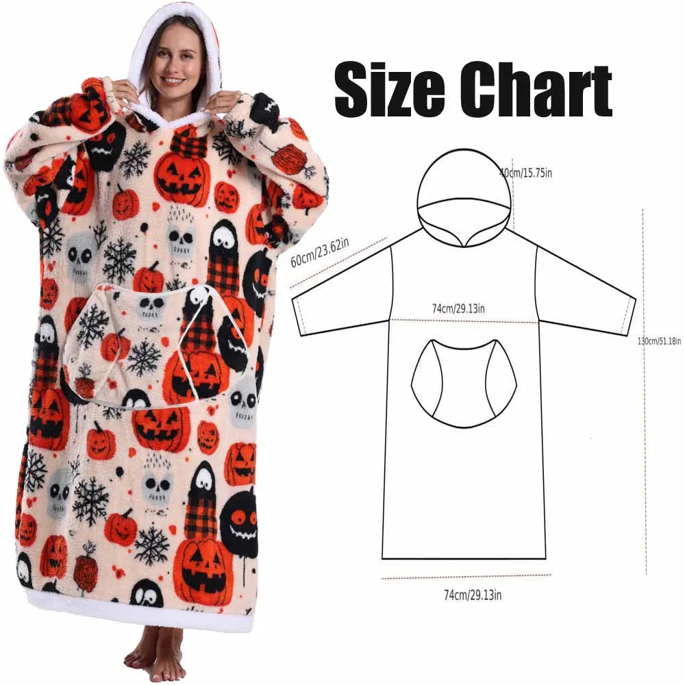 Sudaderas con capucha para mujer, Top de manga larga esponjoso y cálido en negro y gris, sudadera con capucha de fantasma y calavera de calabaza para Halloween, manta de gran tamaño para adultos, ropa de invierno