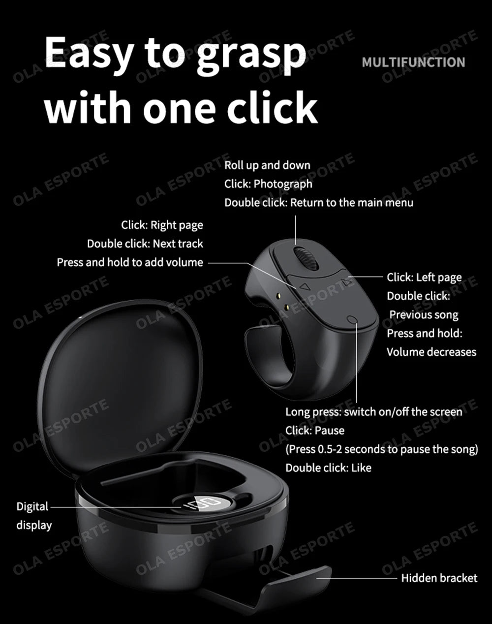 Rodillo anillo para la yema del dedo Control remoto inalámbrico Bluetooth móvil Selfie ratones vídeo giratorio de página automático navegación para Android IOS