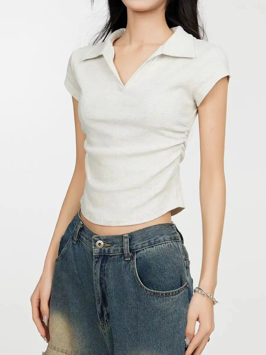 Camiseta Básica Corta Ajustada de Algodón para Mujer