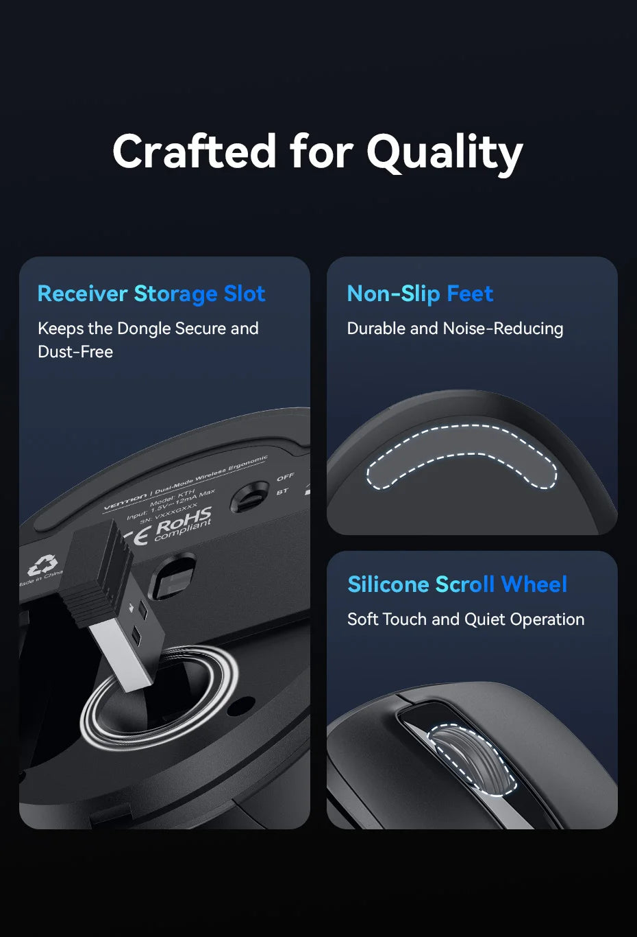 Vention-ratón inalámbrico Bluetooth 5,1, USB 2,4G, modo Dual, ergonómico, 4000 DPI, silencioso, 6 botones, para MacBook, tableta, portátil, PC