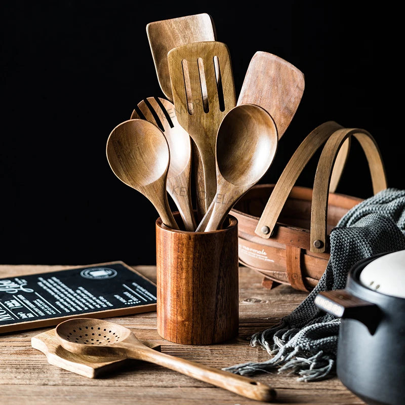 9 cucharas de madera para cocinar, utensilios de madera para cocinar con soporte para utensilios, juego de utensilios de cocina de madera de teca