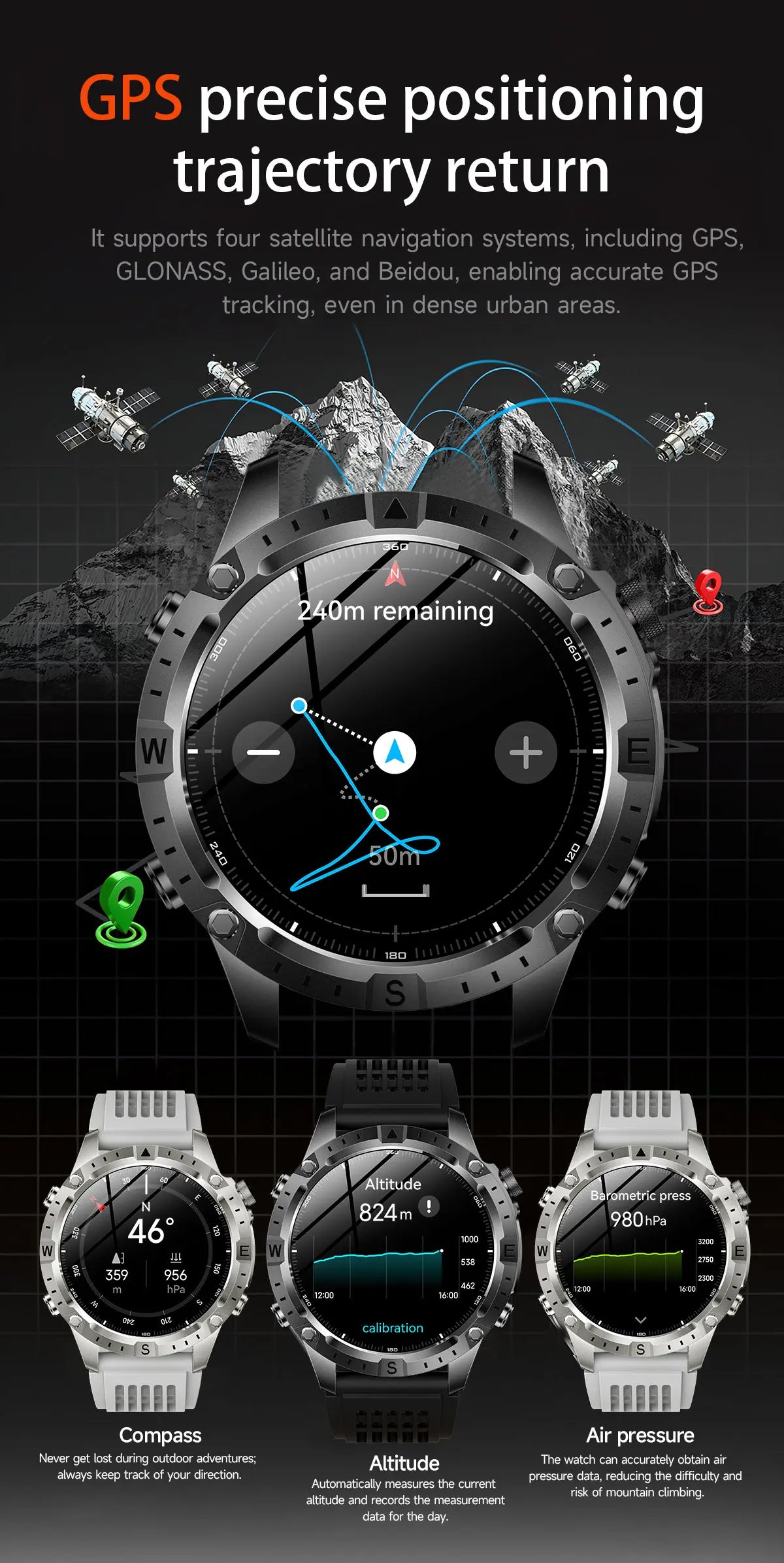 Reloj Inteligente con GPS, Mapa Offline, Linterna y 170 Deportes
