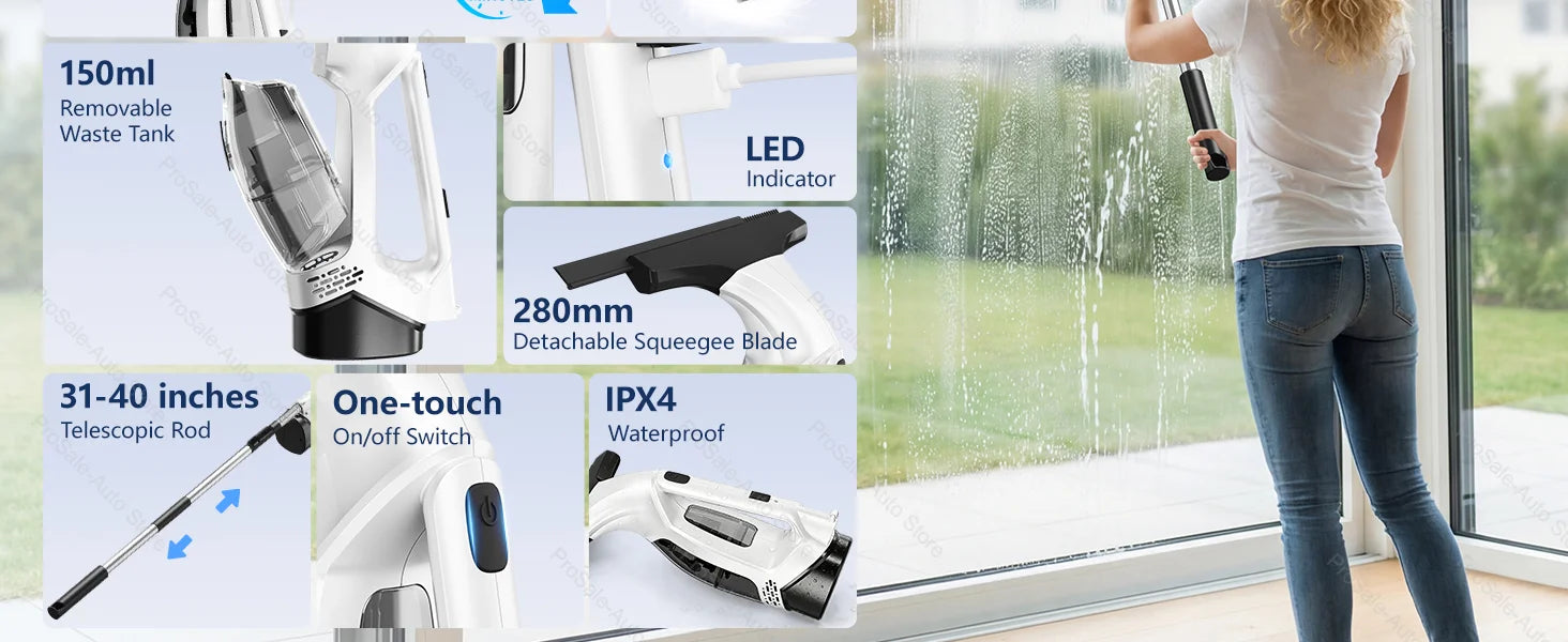Limpiador de Ventanas Eléctrico Portátil Multifunción 2026, Nueva Versión Mejorada, Potente, Eficiente e Inalámbrico