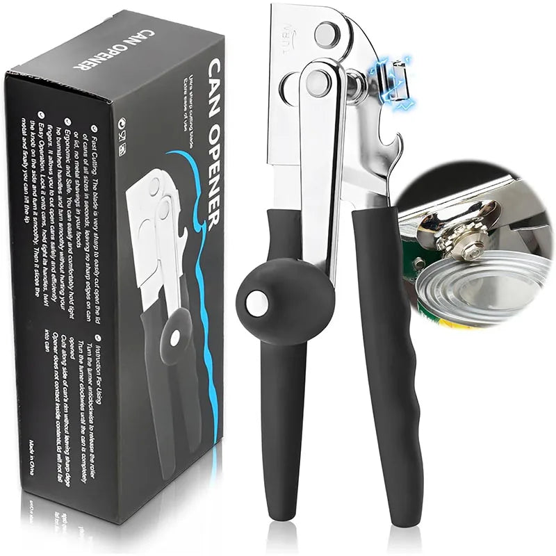 Abrelatas comercial, abrelatas con manivela Manual, abrelatas de mano resistente con borde liso para latas grandes con imán