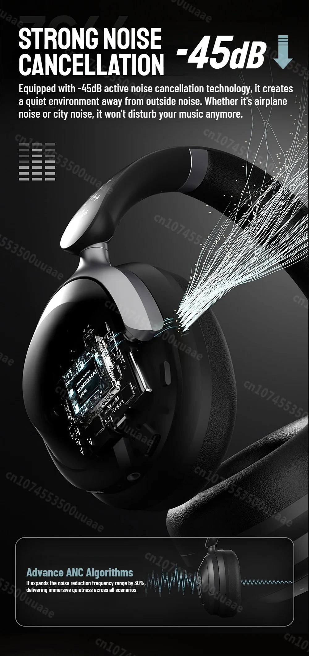 Zombies Cat S10 ANC auriculares Bluetooth 6,0-auriculares con cancelación activa de ruido de 45dB estéreo HiFi cable supraaural/auriculares inalámbricos