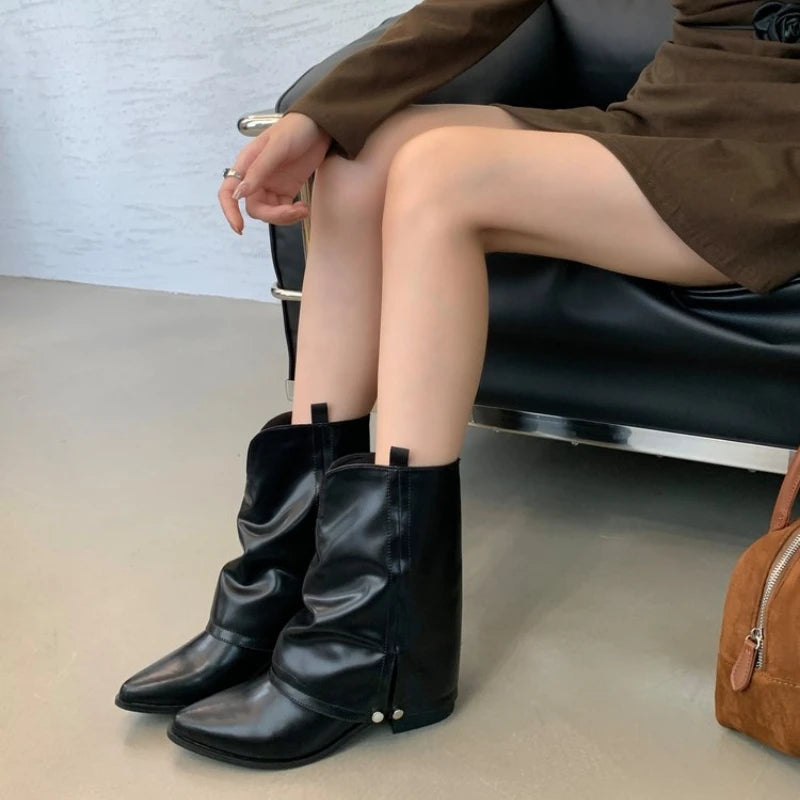2025 nuevas botas de vaquero del oeste para mujer, botas de cuero Vintage con punta estrecha y tacón grueso a media pantorrilla para mujer, botas de Otoño Invierno
