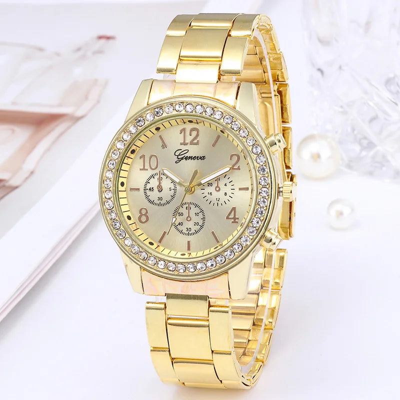 Reloj dorado para mujer Geneva, reloj clásico de acero inoxidable para mujer, relojes de cuarzo con diamantes de imitación a la moda, reloj de pulsera para mujer y niña