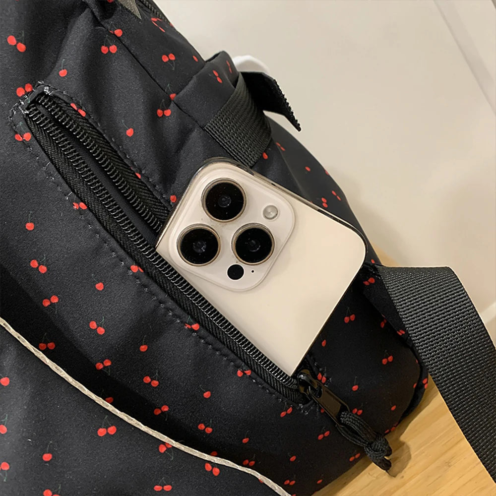 Mochila de Nailon con Estampado de Cerezas y Lazos para Escuela