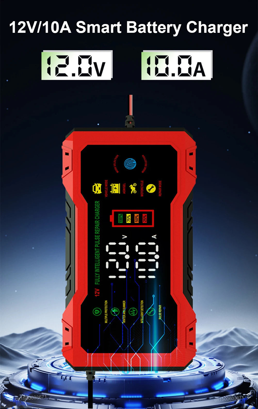 Cargador de batería inteligente 12V 10A con pantalla LCD para autos y motos