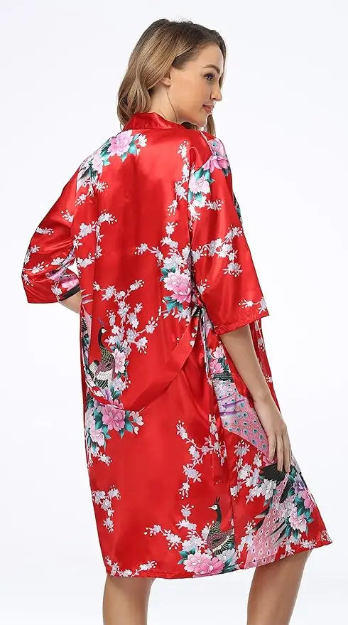 Conjunto de camisón y kimono de satén floral para mujer con camisola, ropa de dormir de 2 piezas, albornoz de pavo real