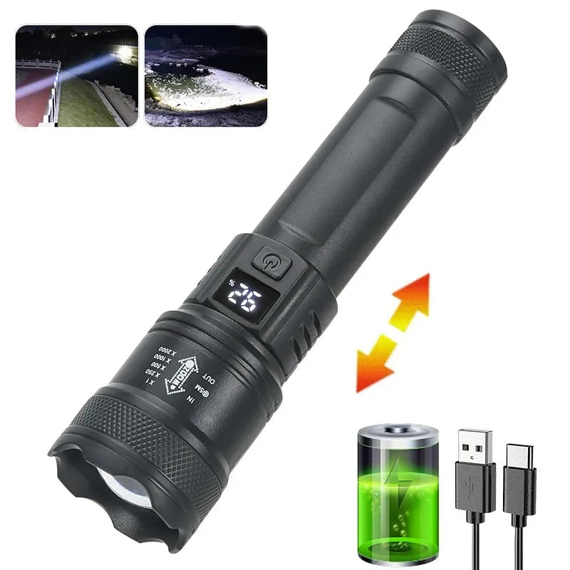 Linterna LED recargable, linterna con zoom de 10000LM, resistente al agua, 5 modos con pantalla LCD, carga para acampar, senderismo, emergencia