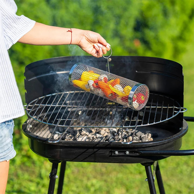 Tubo de red para barbacoa, cesta rodante portátil para asar, cesta cilíndrica de malla de alambre de acero inoxidable para barbacoa al aire libre, Camping JT462