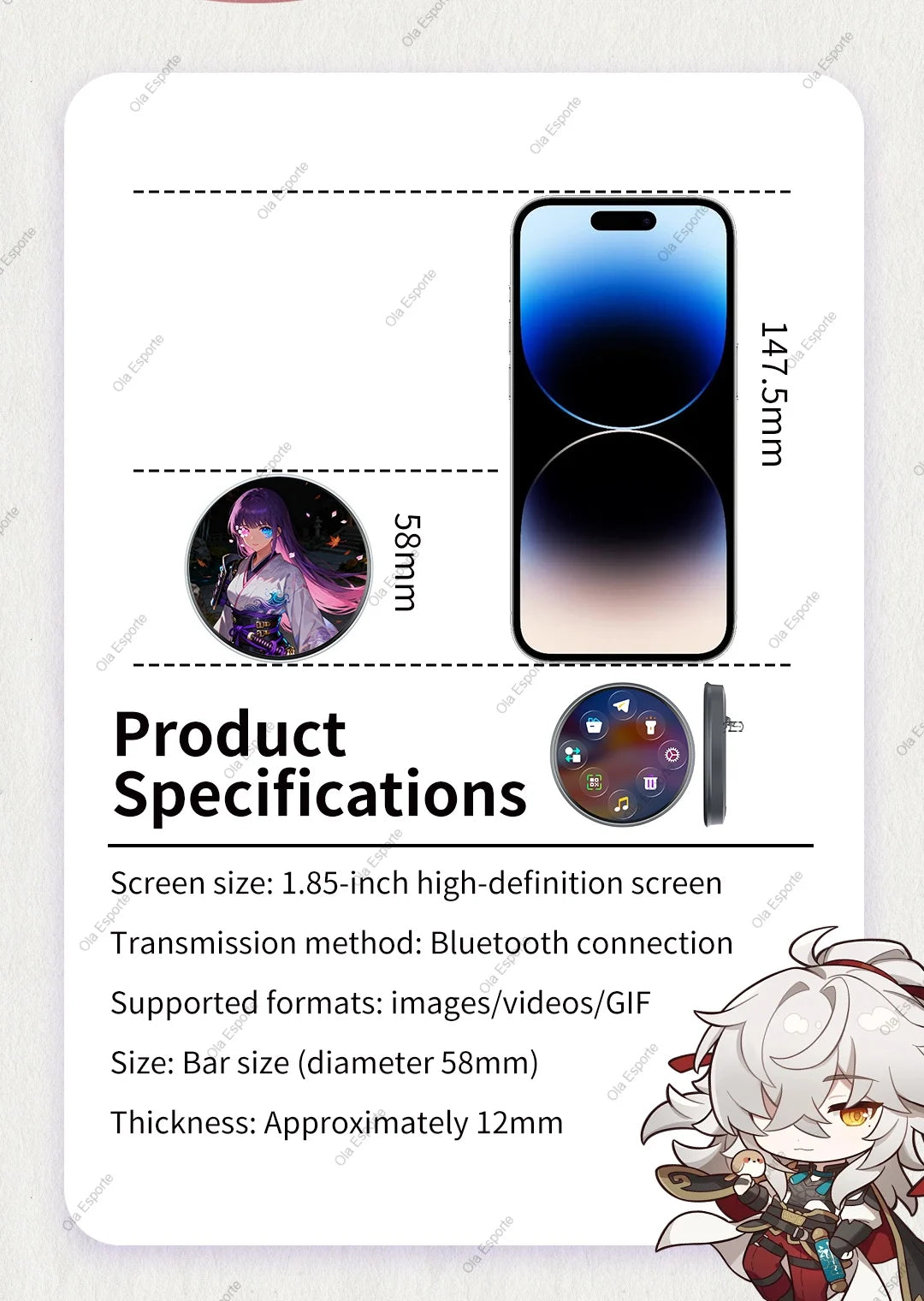 Insignia Digital GIF Dinámica de Anime, Personalizable, Moderna, con Reproductor de Fotos, Vídeos y MP3, para Juegos, Ciclismo, Advertencias, Adaptación, Regalos para Niños