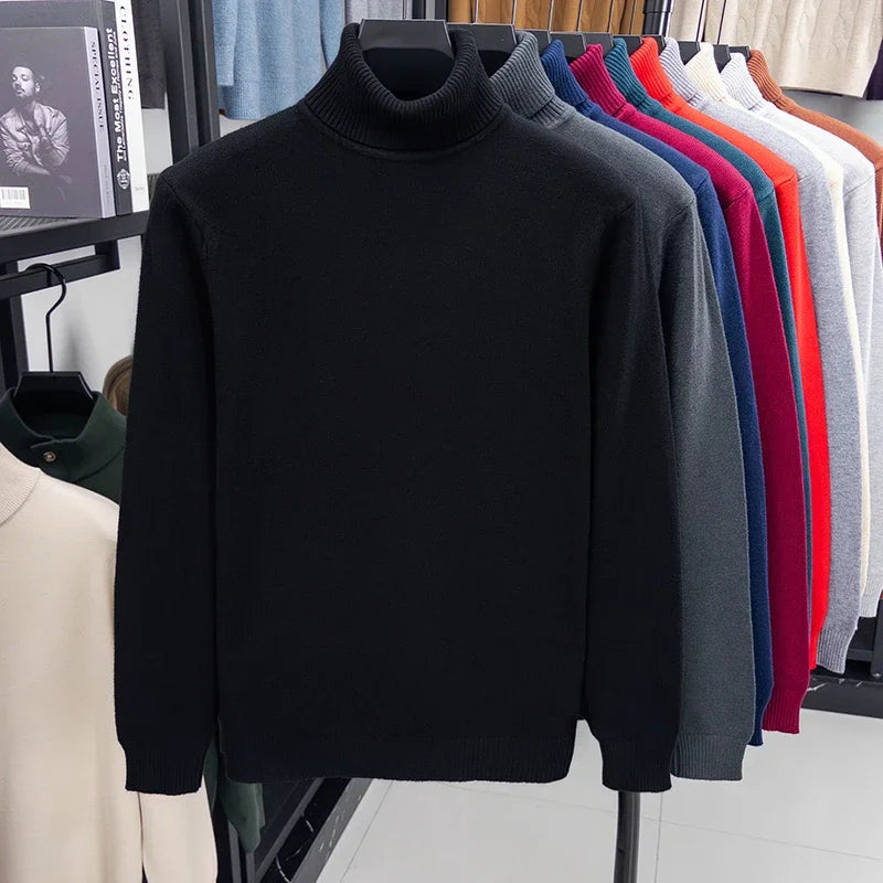 Otoño para hombre de alta calidad de punto suéter de cuello alto ajustado de manga larga anti-pilling jersey Color sólido tendencia hombres Streetwea