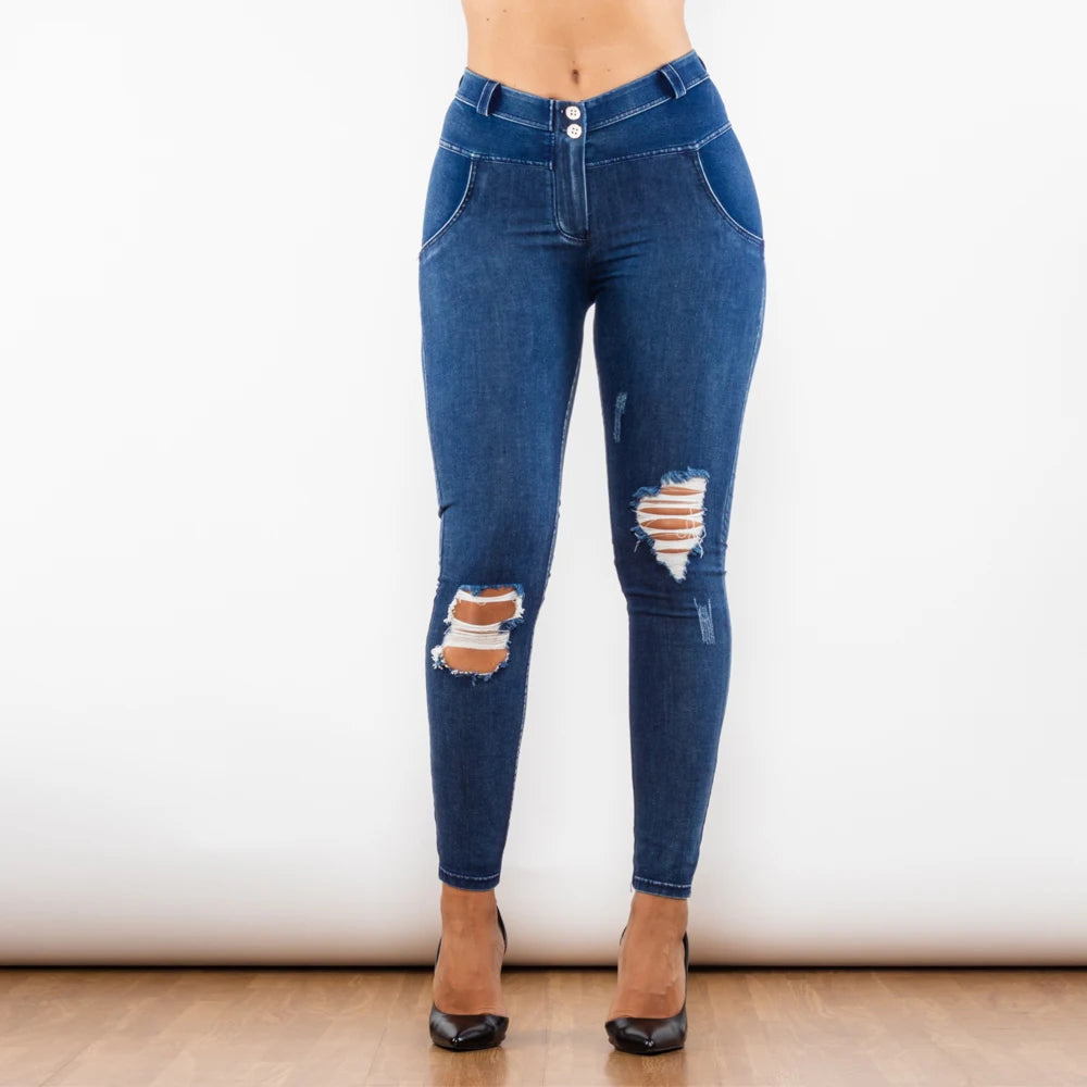 Jeggings Azul Lavado con Rasgado y Realce de Glúteos, Cintura Media