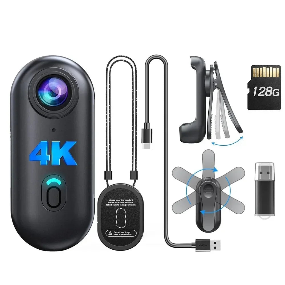 Mini cámara corporal 4K con clip rotatorio 360° y cordón magnético