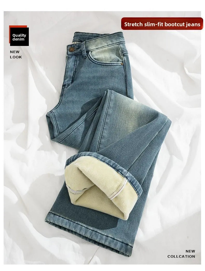 Pantalones Vaqueros Vintage con Forro Polar de Pierna Recta