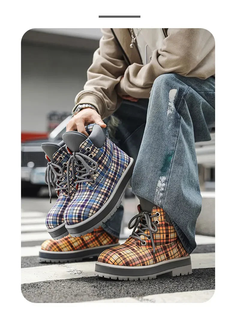 Botas de tobillo a cuadros para hombre con cordones y suela antideslizante