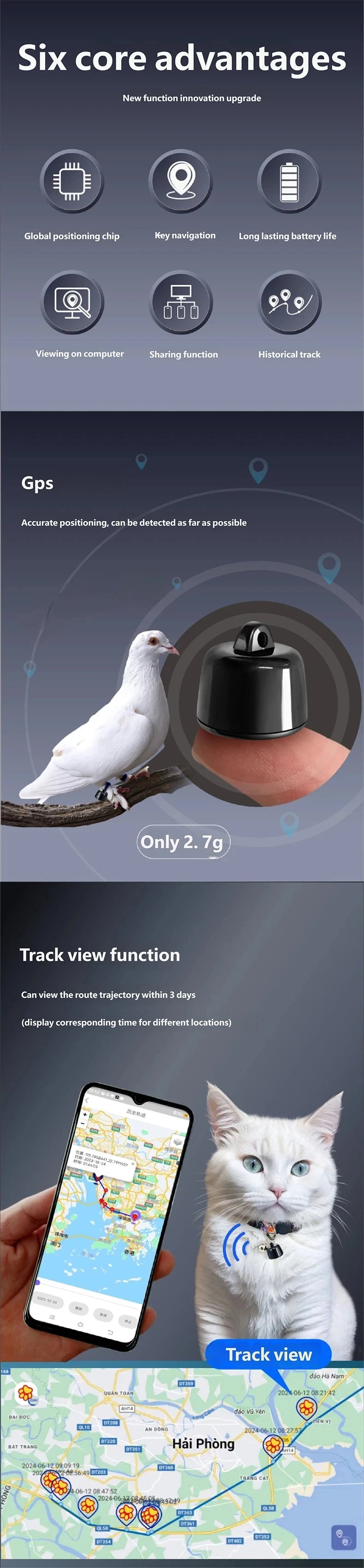 Mini Rastreador GPS para Mascotas, Localizador Global Compatible con Android iOS, Visualiza el Movimiento de las Últimas 3 Días para Pájaros, Perros y Gatos
