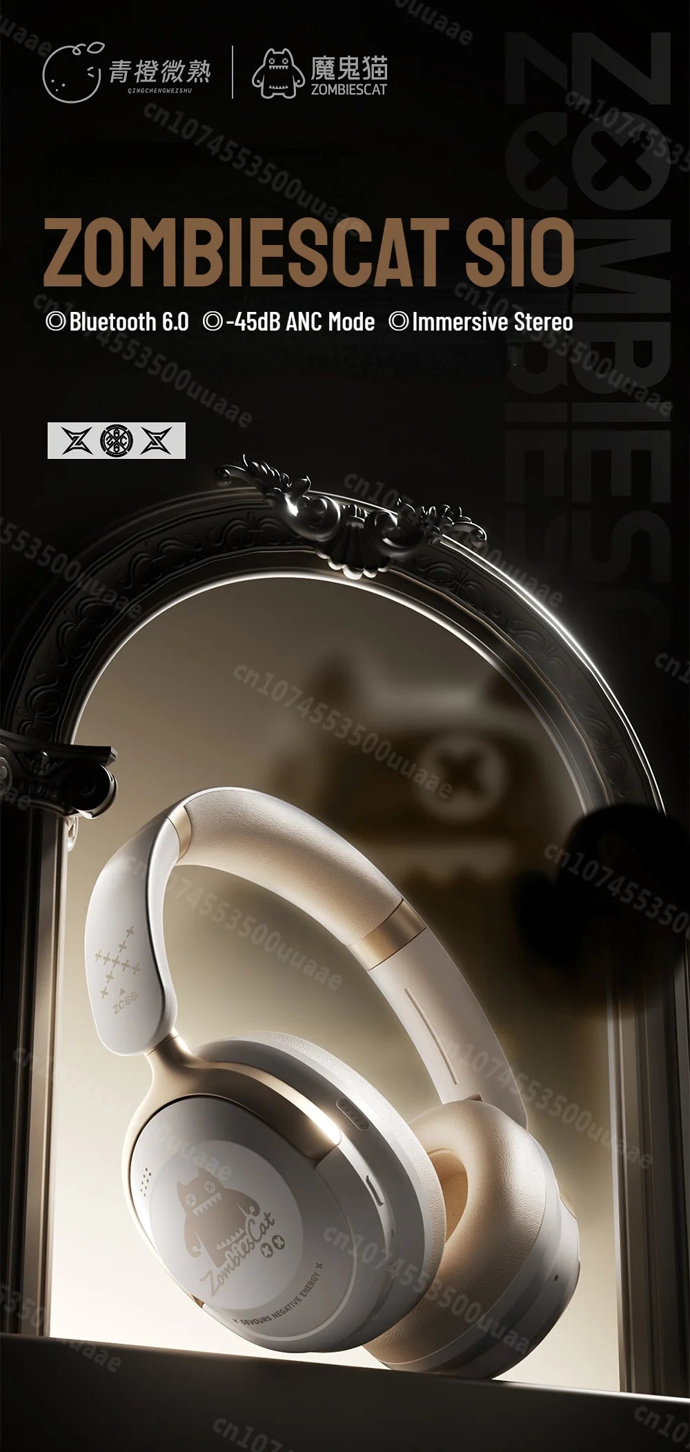 Zombies Cat S10 ANC auriculares Bluetooth 6,0-auriculares con cancelación activa de ruido de 45dB estéreo HiFi cable supraaural/auriculares inalámbricos