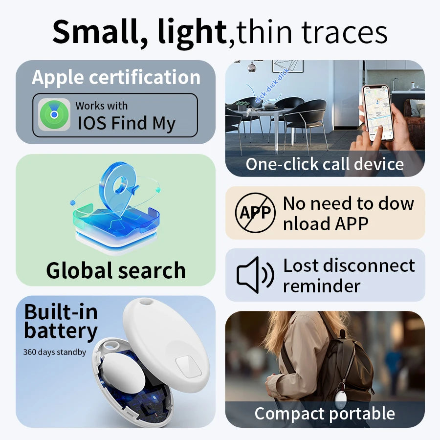Mini Rastreador GPS Inteligente con Bluetooth, Dispositivo Antipérdida para Mascotas, Compatible con la Aplicación Find My de iOS, Localizador de Llaves, Maletas, Niños, Perros y Gatos