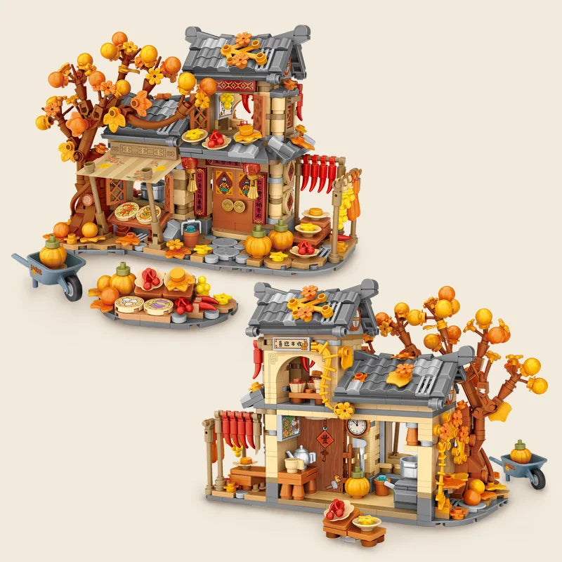 LOZ-1379 Bloques de construcción de casa de sol y otoño, conjunto de modelo educativo de casa de madera, juguetes de bloques de construcción para niños, regalos de cumpleaños