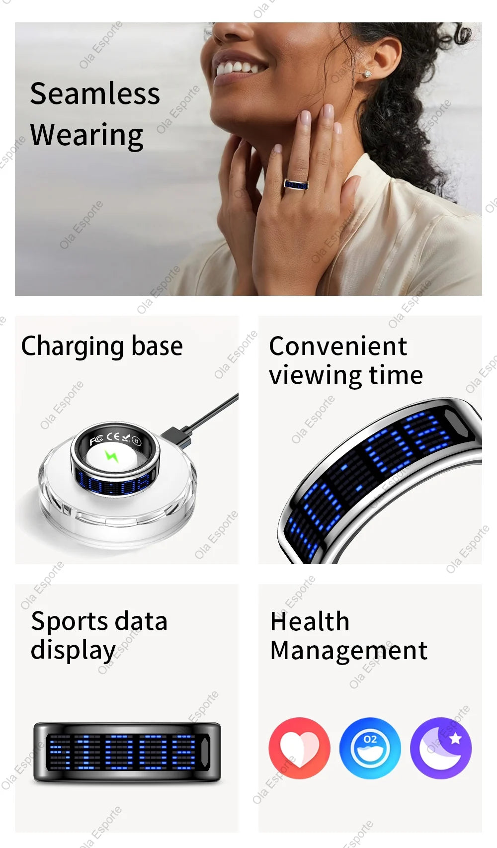 Anillo inteligente con pantalla dinámica 5 ATM impermeable oxígeno en sangre Monitor de ritmo cardíaco durante el sueño anillo deportivo hombres mujeres anillo de moda