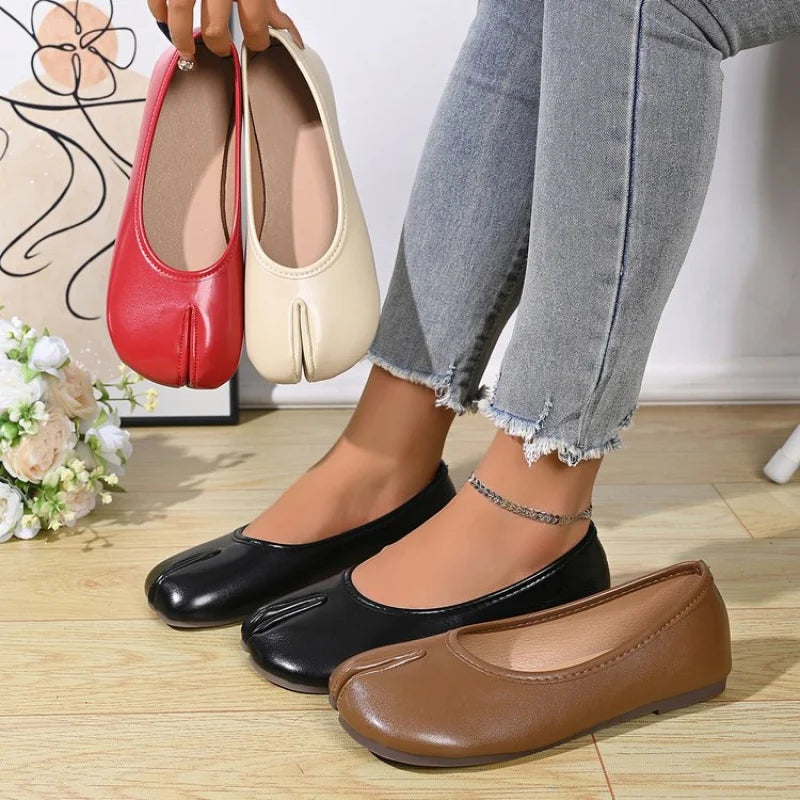 Zapatos Planos de Mujer con Punta Dividida y Ajuste Ancho, de Cuero PU, Sin Cordones, Cómodos y Casuales para Oficina, Primavera/Verano