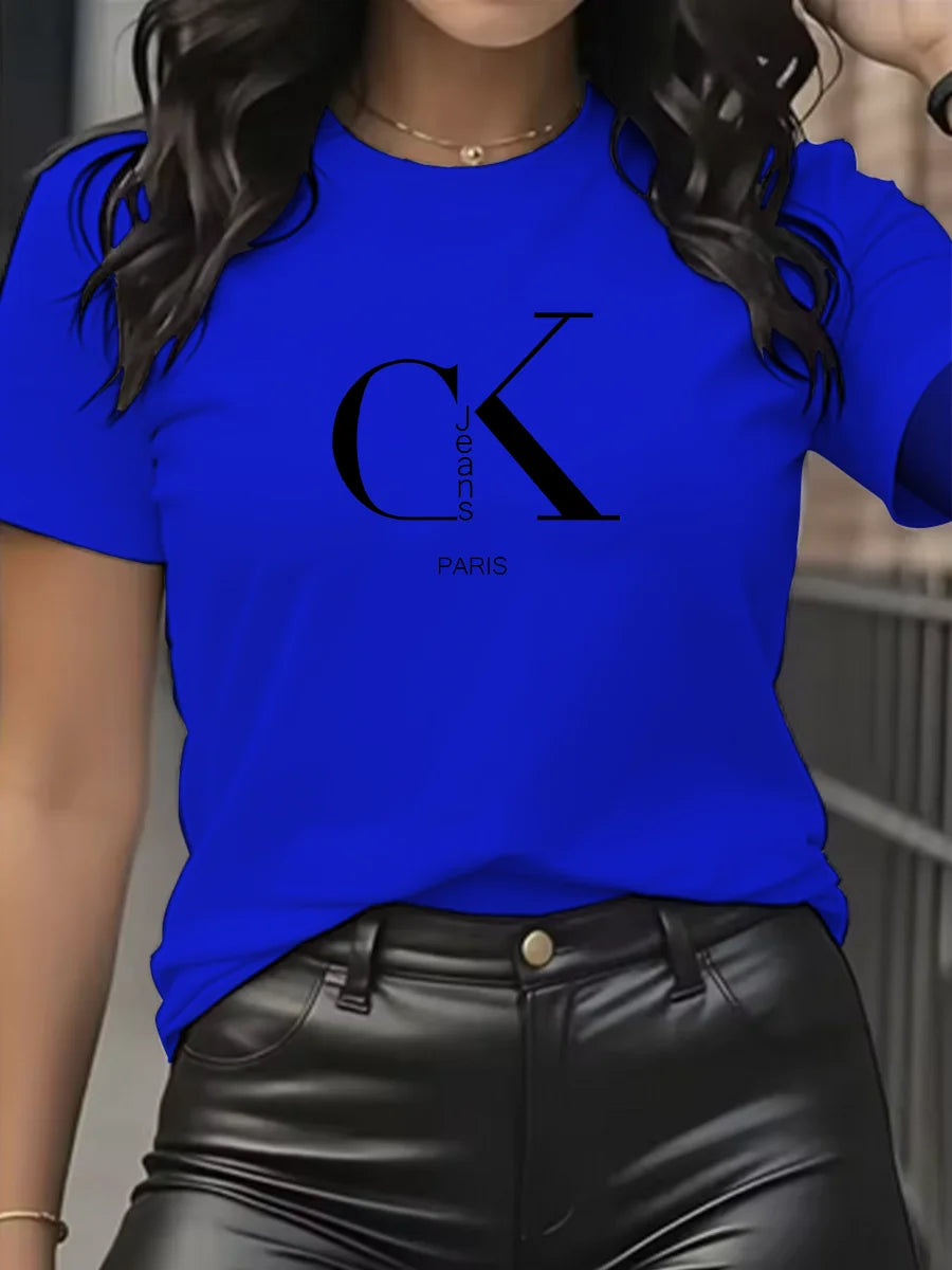 Camiseta con Estampado de Dibujos Animados y Letras Cuello Redondo