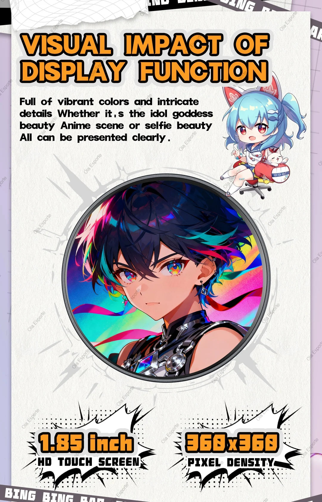 Insignia Digital GIF Dinámica de Anime, Personalizable, Moderna, con Reproductor de Fotos, Vídeos y MP3, para Juegos, Ciclismo, Advertencias, Adaptación, Regalos para Niños