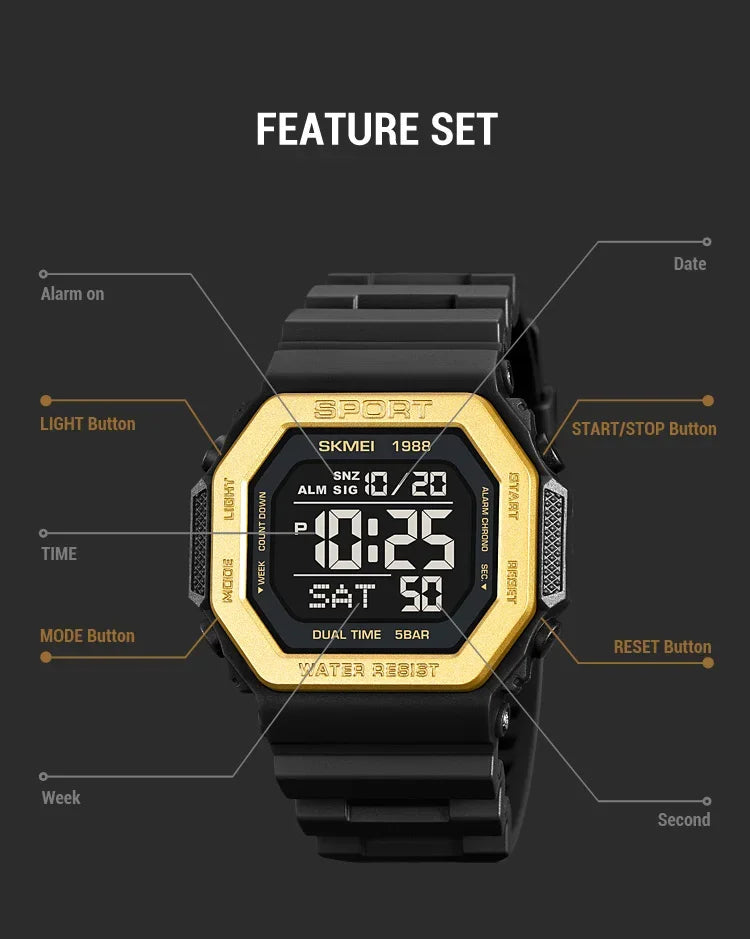 Reloj deportivo Digital SKMEI 1988 para Hombre, pantalla LED, relojes de pulsera militares con cuenta atrás, Reloj impermeable para Hombre 1628