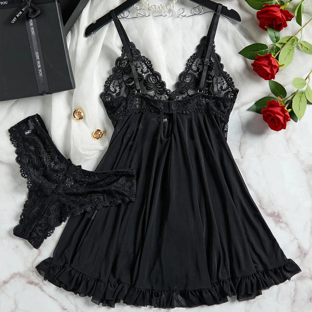 Conjunto de 2 Piezas de Camisón de Encaje para Mujer, Ropa de Dormir Elegante, Nuevo Pijama Verde Nocturno, Camisón Transparente con Abertura, Conjunto de Brasier y Panty con Cuello en V